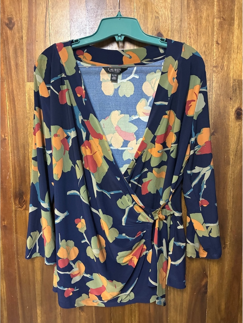 Lauren Ralph Lauren XL Floral Wrap Top Navy Long Sleeve Preppy Office Blouse